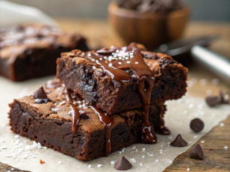 Close-up of a sliced protein brownie with chocolate drizzle
