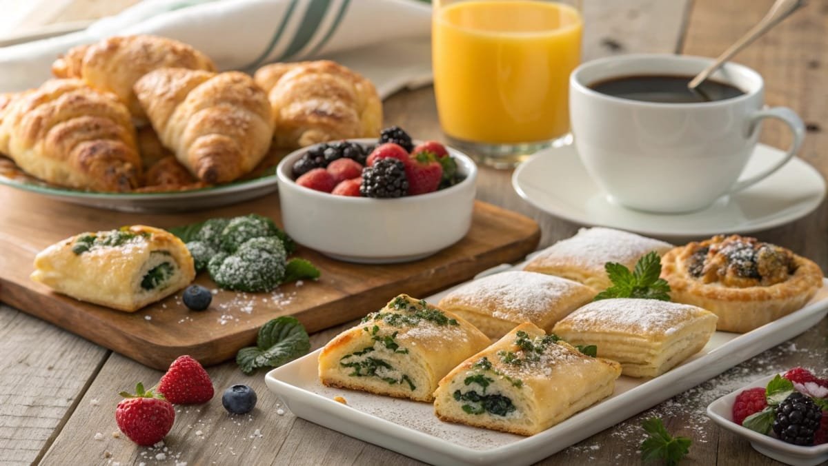 A rustic breakfast spread featuring golden puff pastry recipes, coffee, orange juice, and fresh berries on a wooden table.