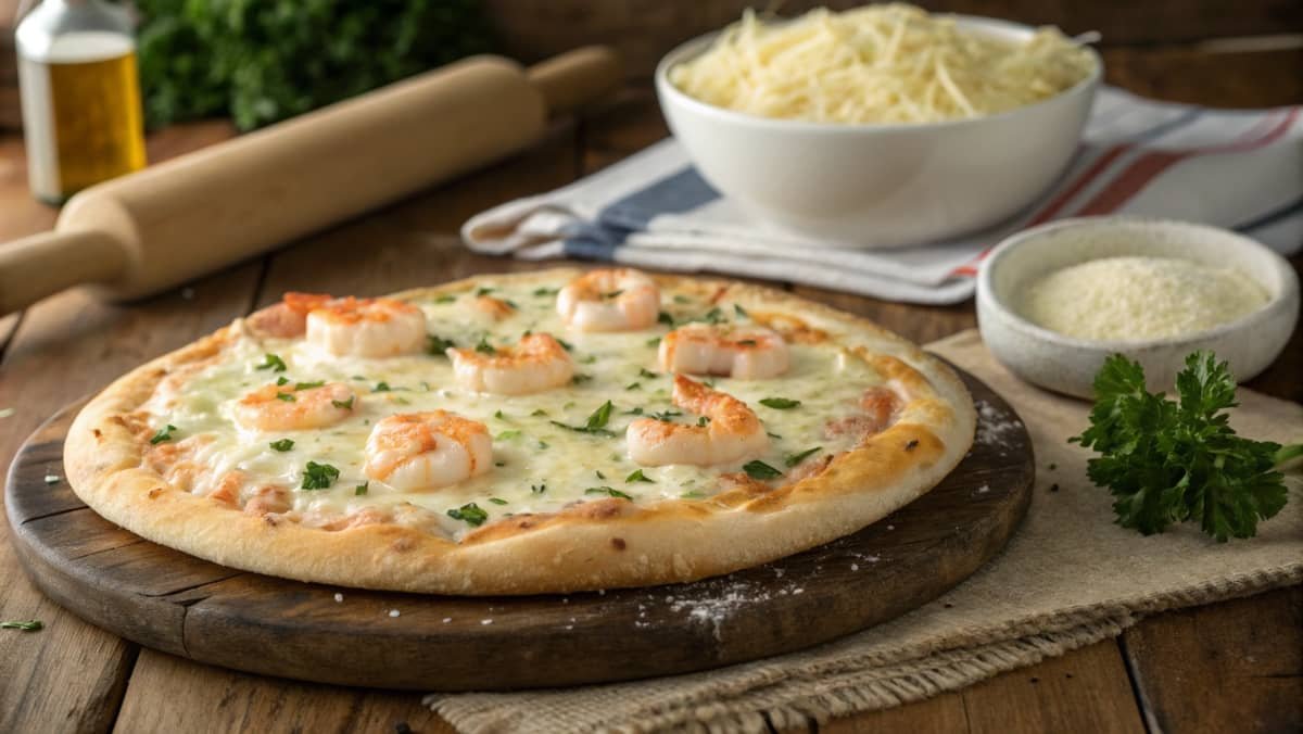 Shrimp Alfredo Pizza with golden crust and fresh parsley on a wooden table