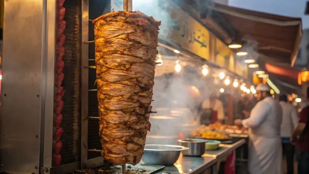 Thinly sliced beef shawarma on a vertical rotisserie grill, marinated with spices and glowing under warm light