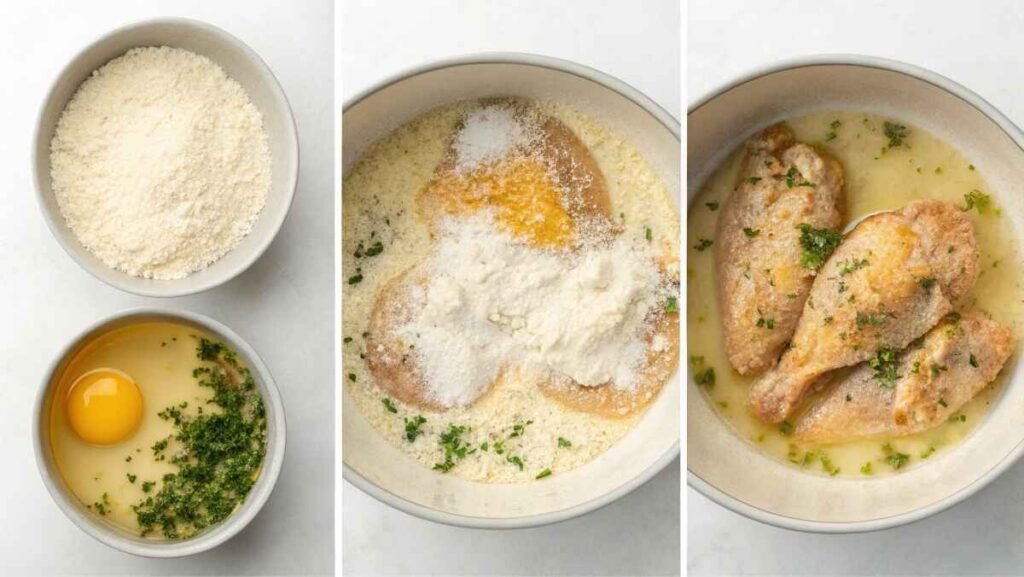 Chicken breast being coated in a seasoned flour mixture with visible herbs and spices, ready to create the crispy KFC Recipe Chicken Breast crust.
