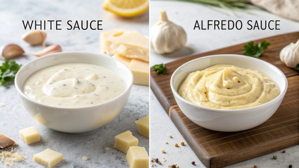Bowls of White Sauce and Alfredo Sauce with White Sauce for Pizza with key ingredients displayed around them