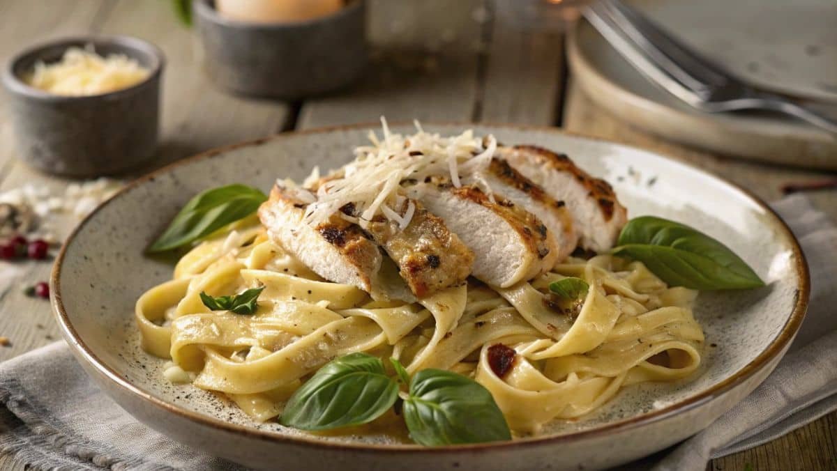 A plate of creamy Marry Me Chicken Pasta garnished with fresh basil and Parmesan cheese.