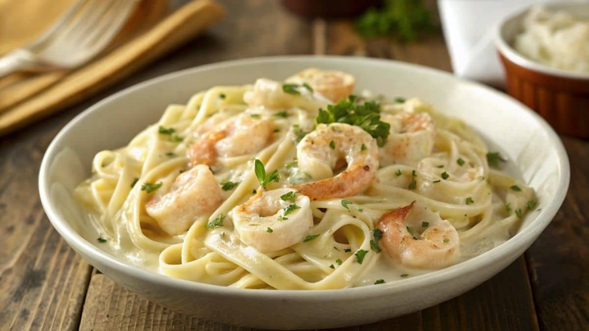 A plate of Olive Garden Shrimp Alfredo with creamy sauce and fettuccine on a rustic wooden table.