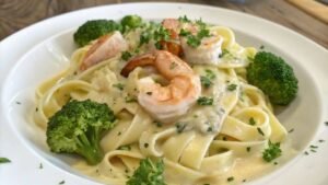 Plate of creamy Fettuccine Alfredo with shrimp and broccoli garnished with parsley.