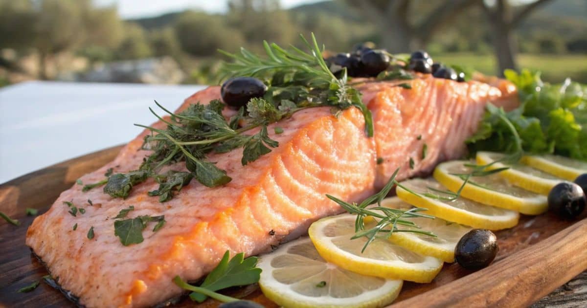 Mediterranean-style salmon on a platter garnished with herbs, olives, and lemon slices