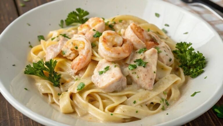 Garlic bread and Caesar salad served alongside Fettuccine Alfredo with shrimp and chicken.