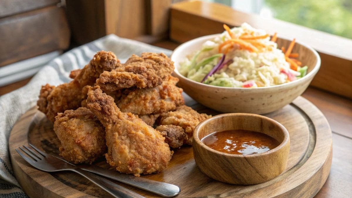 Golden, crispy fried chicken served on a plate with a side of coleslaw and dipping sauce