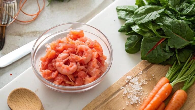 Homemade fish food recipe ingredients arranged neatly on a kitchen counter.