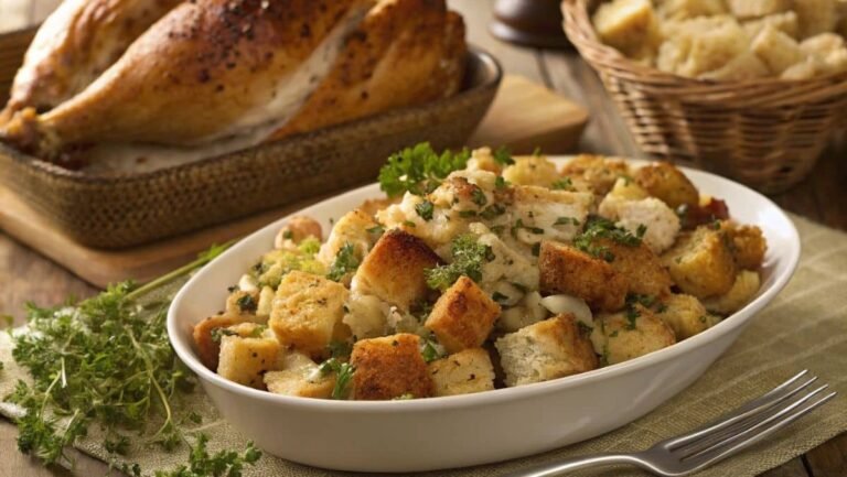 Delicious chicken and dressing recipe served on a rustic wooden table