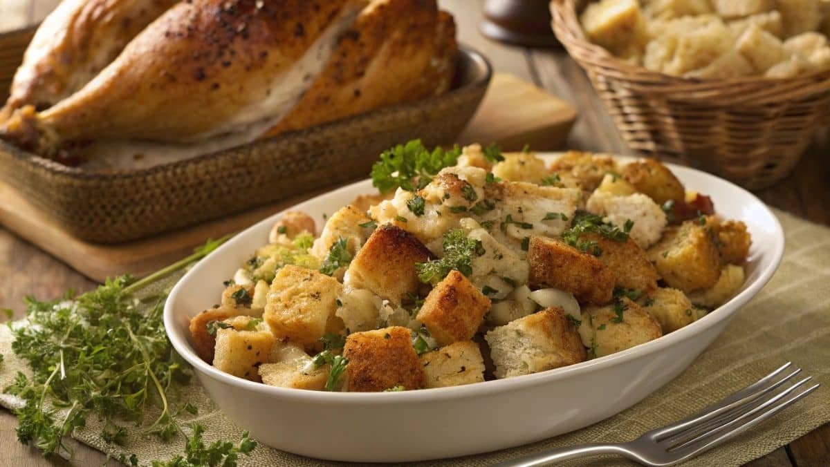 Delicious chicken and dressing recipe served on a rustic wooden table