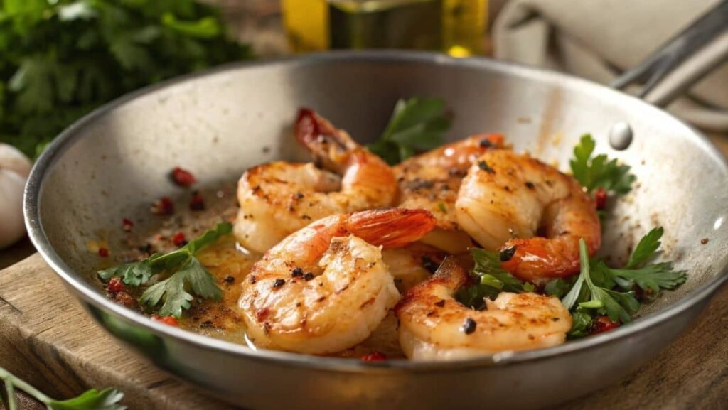 Shrimp being cooked in a skillet for Olive Garden Shrimp Alfredo.