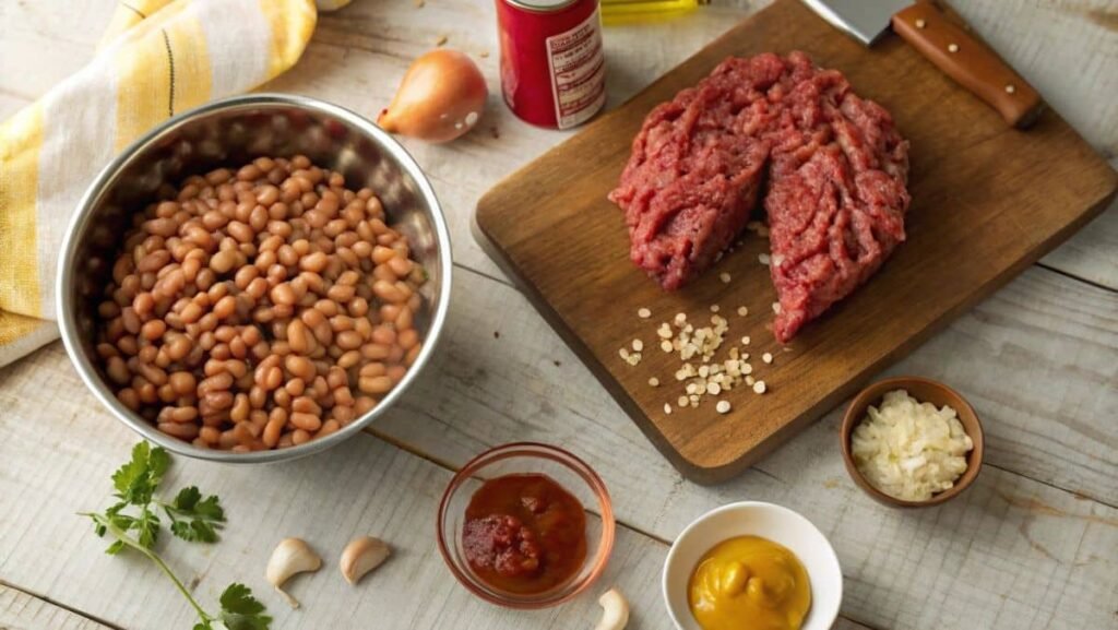 A flat lay of ingredients for baked beans with ground beef, including beans, ground beef, onions, and condiments.