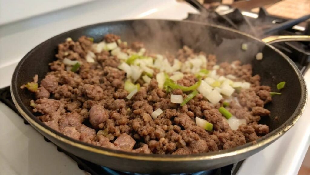 A skillet with ground beef being browned with onions and garlic, the first step in preparing baked beans with ground beef.