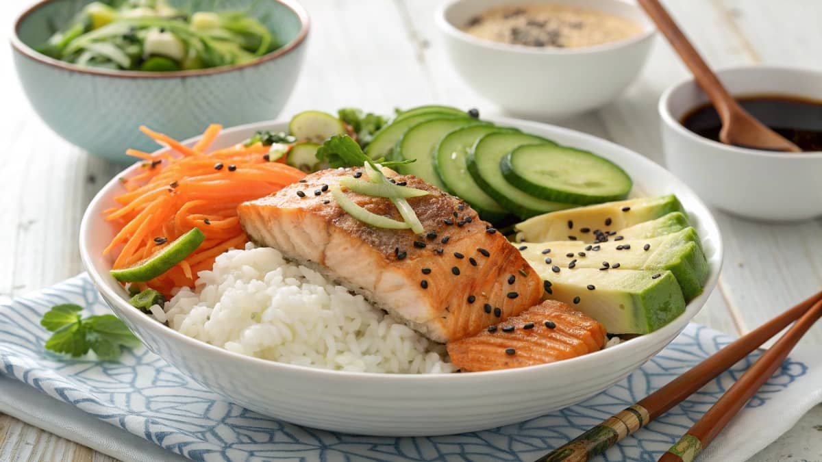 A Vibrant Perfect Salmon Rice Bowl With Perfectly Cooked Salmon, Fresh Vegetables, Fluffy Rice, And A Drizzle Of Spicy Mayo