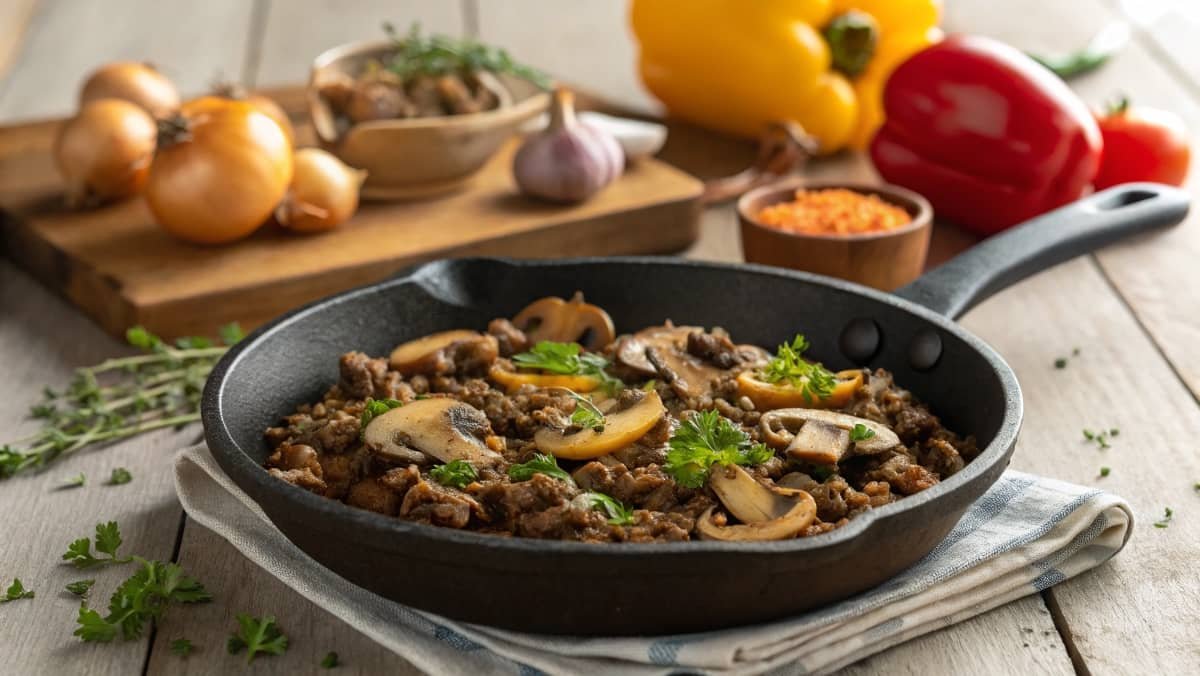 A skillet filled with ground beef, sautéed mushrooms, and herbs.