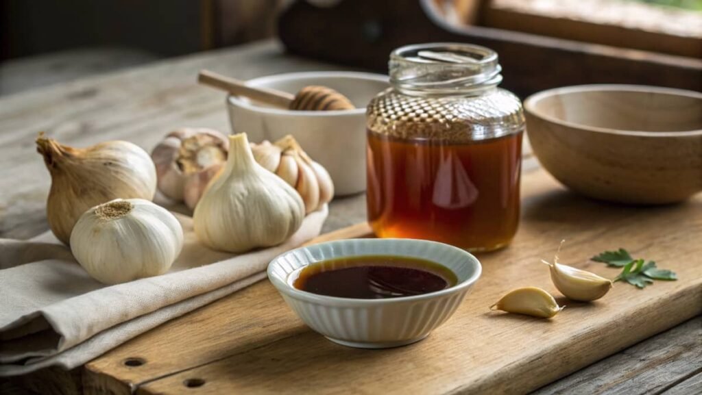 Fresh garlic cloves, honey, soy sauce, and a bowl of thickened honey garlic sauce on a kitchen counter