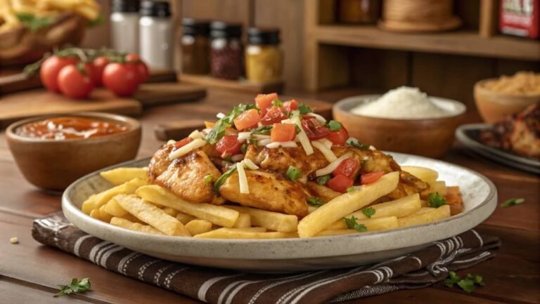 A close-up of crispy loaded fries topped with honey garlic chicken, melted cheese, and green onions.