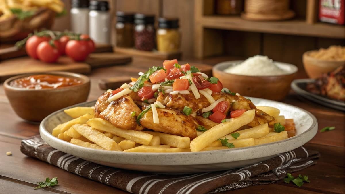 A close-up of crispy loaded fries topped with honey garlic chicken, melted cheese, and green onions.