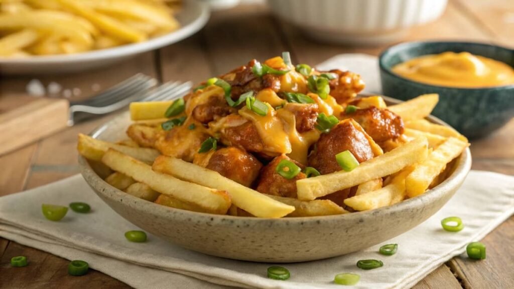 A serving plate of loaded fries with honey garlic chicken, drizzled with sauce and cheese