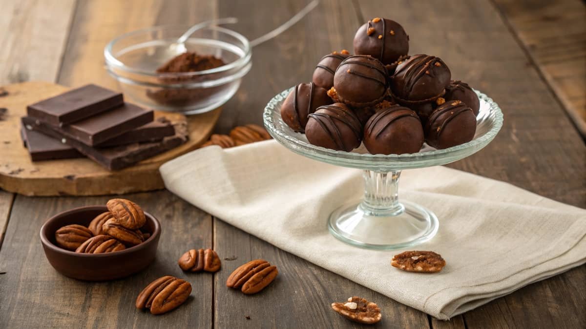 Plate of pecan pie balls on a rustic wooden table