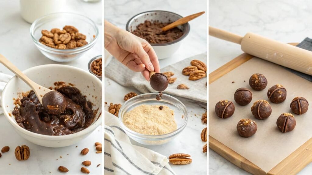 Steps to make pecan pie balls, from mixing to coating