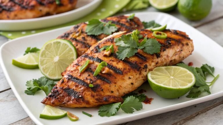 Grilled chicken marinated in San Antonio-style Mexican spices served with lime wedges and cilantro on a wooden platter