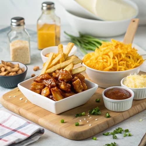 Crispy fries, diced chicken, shredded cheese, and honey garlic sauce being assembled