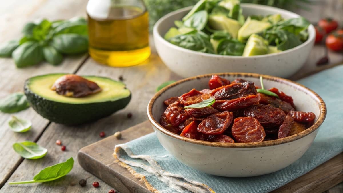 Keto Sun-dried tomatoes in a bowl with keto salad ingredients in the background.