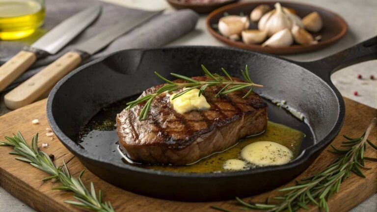 A sizzling steak in a cast iron skillet with butter melting and oil glistening under high heat.