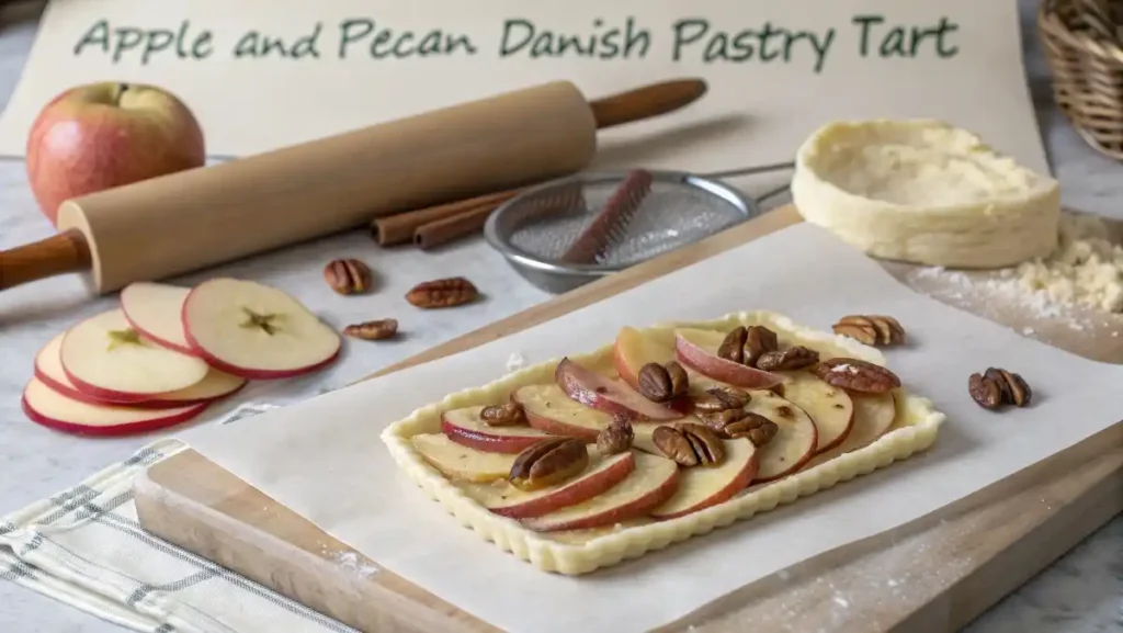 Rolling out puff pastry for an Apple and Pecan Danish Tart, topped with apple slices, cinnamon, and chopped pecans.