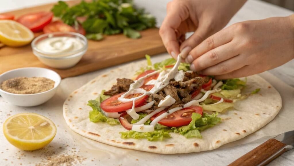 What is the Secret of Shawarma? Assembling a shawarma wrap with garlic sauce, meat, and vegetables.