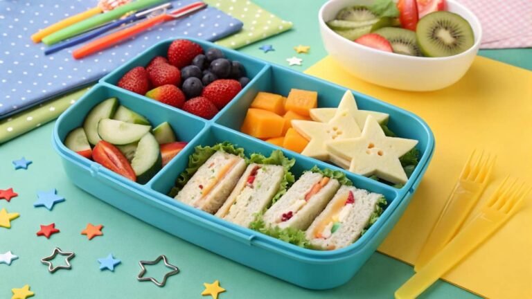 Bento Box With Sandwiches, Fresh Fruits, Veggies, And Creative Food Shapes Of Lunch Ideas For Picky Eaters
