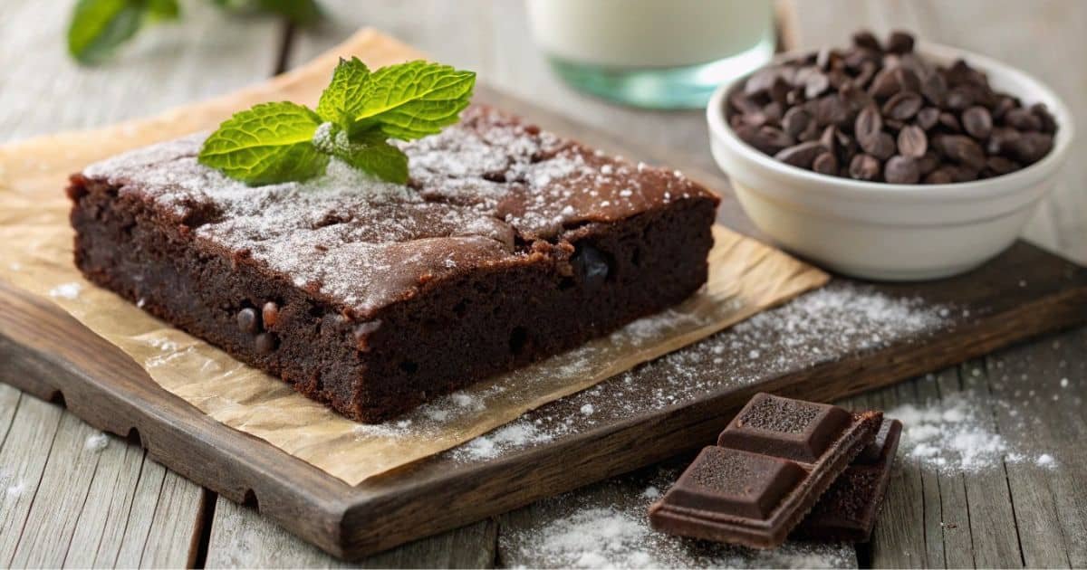 A freshly baked brownie with powdered sugar on a wooden table, complemented by a sprig of mint and cacao nibs