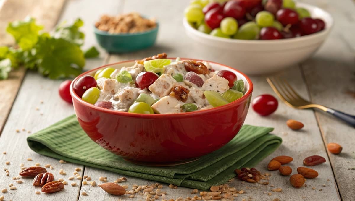 A bowl of Chicken Salad Chick Grape Salad topped with pecans and brown sugar, surrounded by fresh grapes on a wooden table