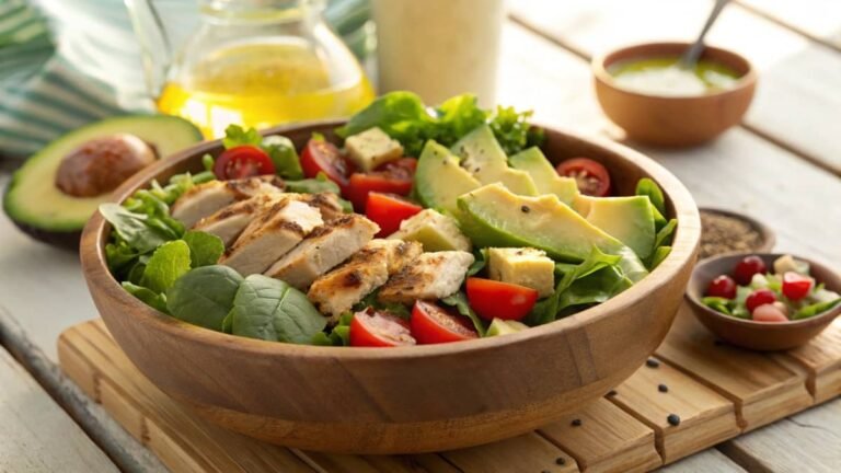 A vibrant salad featuring leafy greens, grilled chicken, avocado, cherry tomatoes, and a light dressing, representing a healthy 500-calorie salad