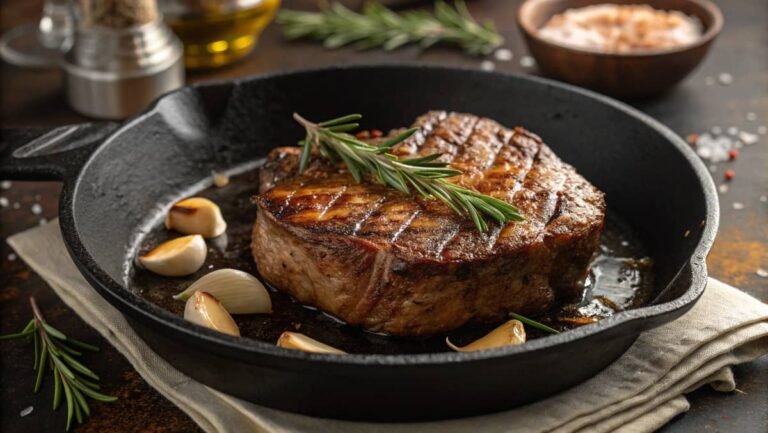 Cook tender beef steak, seared in a cast-iron skillet, garnished with rosemary and garlic, showcasing a perfectly cooked tender beef steak.