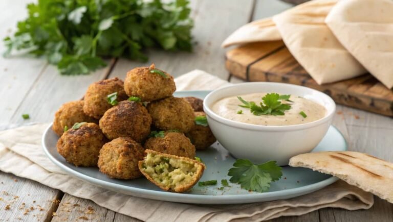 A plate of golden, crispy falafel with tahini sauce, herbs, and pita bread on a rustic table.