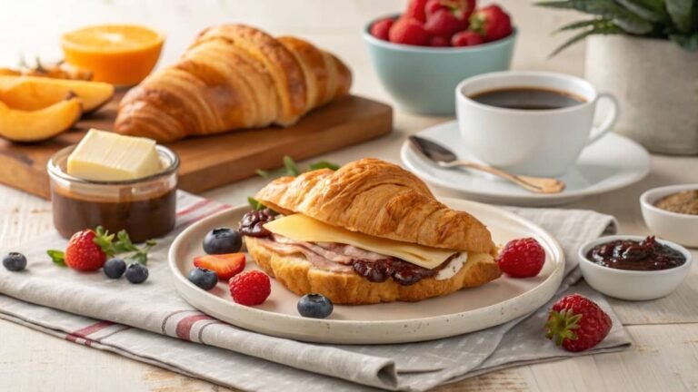 What to Put on Croissants for Breakfast: A flaky croissant with sweet and savory toppings on a breakfast table