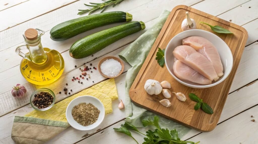 Fresh zucchini, raw chicken breasts, olive oil, garlic cloves, and Italian seasoning on a rustic wooden countertop