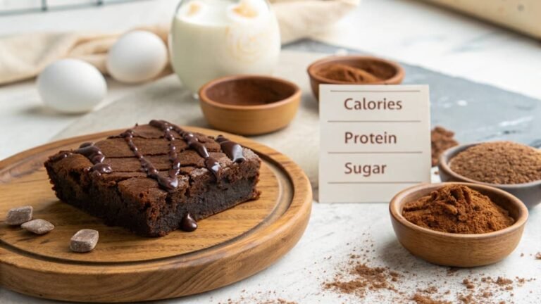 A freshly baked Chick Fil A brownie on a plate with nutrition information displayed