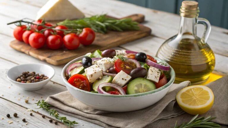 Fresh and colorful Greek salad with Mediterranean ingredient