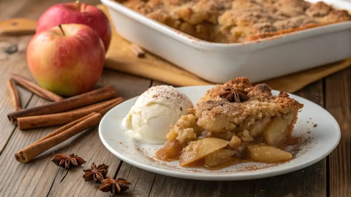 A fresh-from-the-oven old fashioned apple crisp recipe topped with golden oats and served in a rustic dish.