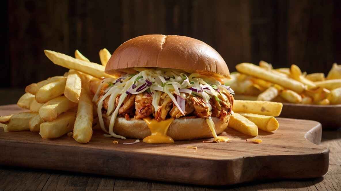 A juicy BBQ chicken sandwich with melted cheese, crispy coleslaw, and a golden brioche bun on a rustic wooden table