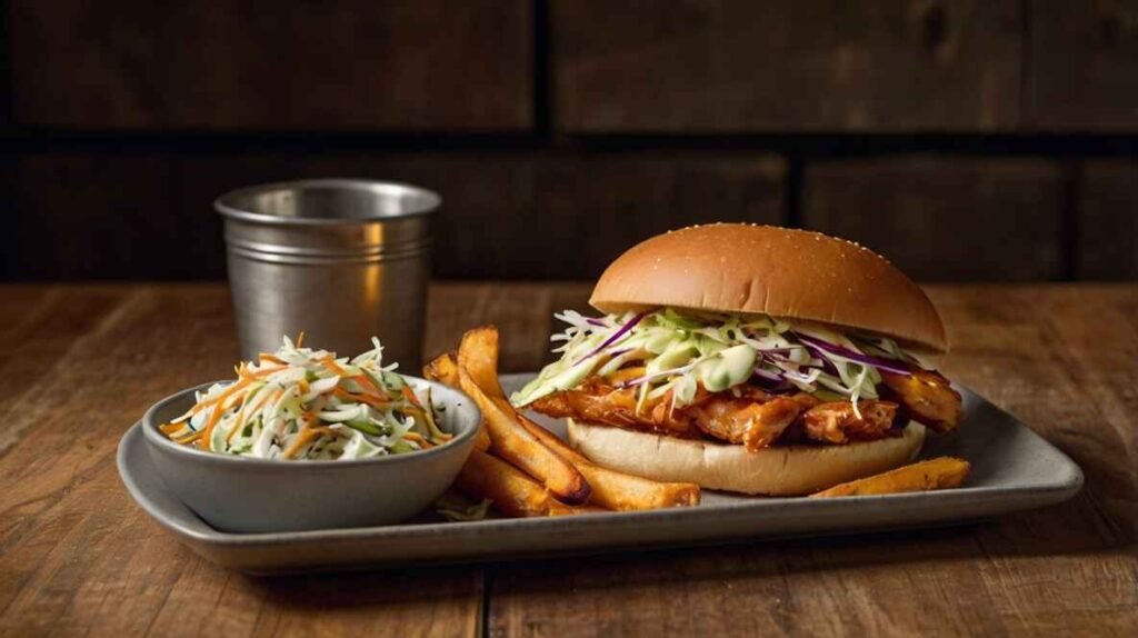 A Plate Of Bbq Chicken Sandwiches Served With Crispy Sweet Potato Fries, Coleslaw, And A Pickle On The Side. (2)