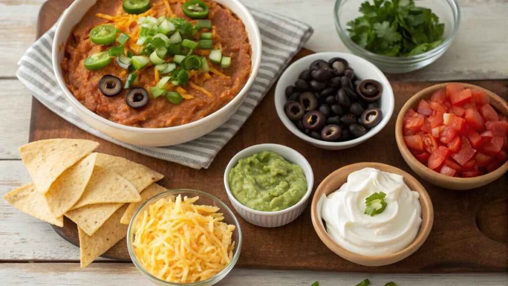 A variety of fresh ingredients including cream cheese, shredded cheese, tomatoes, olives, and tortilla chips arranged on a wooden kitchen counter for making taco dip with cream cheese