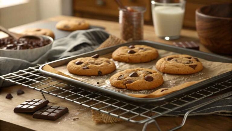 A tray of golden-brown eggless chocolate chip cookies just out of the oven, cooling on a wire rack.