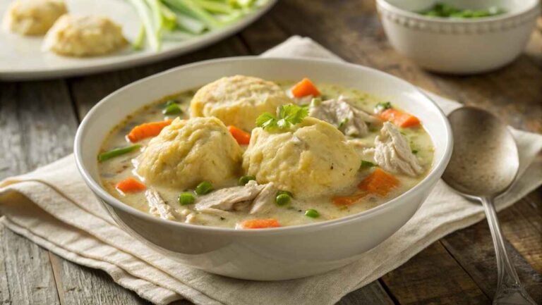 bowl of Bisquick chicken and dumplings, with golden dumplings floating on a creamy, flavorful broth.