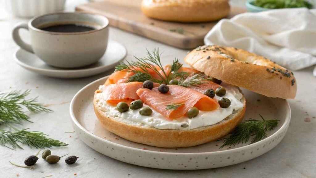 gluten-free bagel sliced in half, topped with cream cheese, smoked salmon, and fresh dill on a ceramic plate.