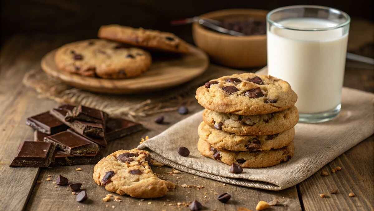 A plate of freshly baked eggless chocolate chip cookies stacked on a rustic wooden surface, with a glass of milk beside them
